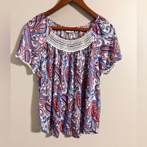 Kim Rogers Red and White Flutter Sleeve Smocked Blouse